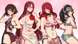 Mitsuru and Makoto from Persona bikini swapping with Minerva and Kai from Valkyria Chronicles (my comm by Gzei)