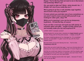 Completely wrapped around the fingers of the busty, flirty, Jirai-kei girl that sat next to you during the lecture yesterday [Chastity] [Yandere] [Seduction] [Romance] [Femdom] [Jealous] (Artist: regle_t)