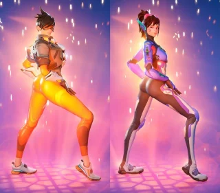 I still can't believe Tracer and DVa from Overwatch are in [Fortnite] 🥹 I've been wanting this for years, so seeing those tight booties in the game is a dream come true!