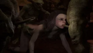 Human slave girl being spit roasted by goblins