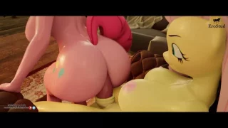 Fluttershy X Pinkie Pie reverse cowgirl